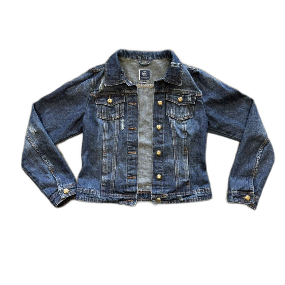 BoomBoom Jeans Women’s Size L Distressed Denim Jacket Fitted 100% Cotton